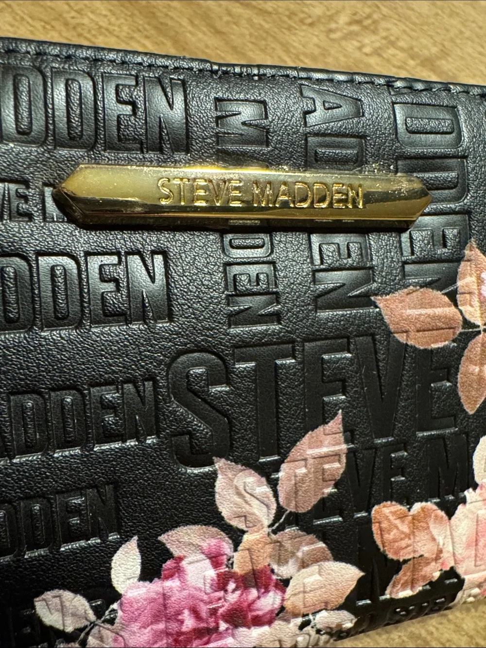 Steve Madden Black Wallet with Pink Floral Print and Gold Hardware